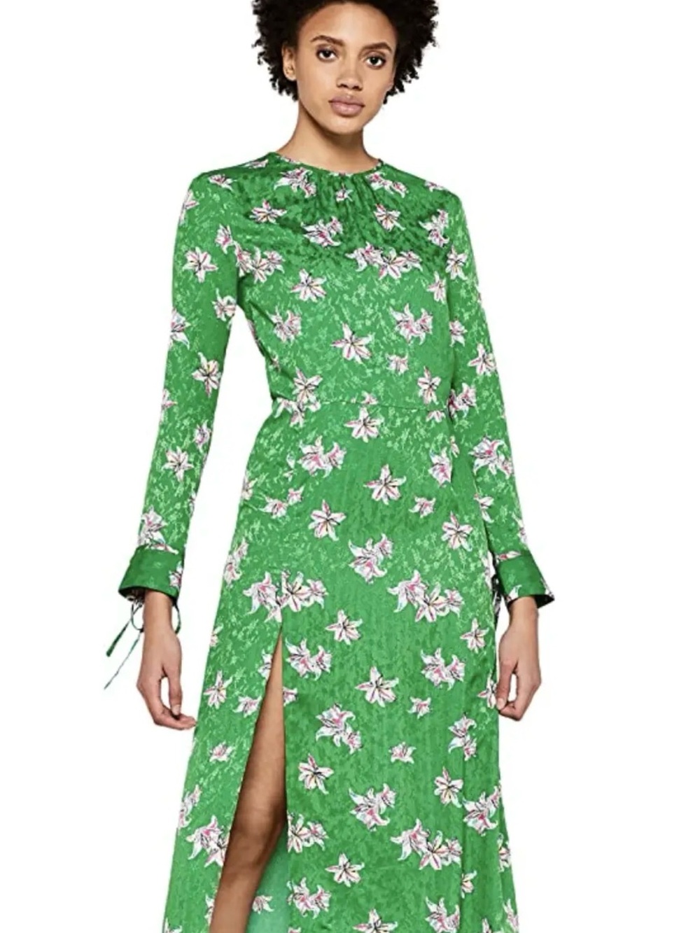 Green Floral Long-Sleeve Maxi Dress with Side Slit